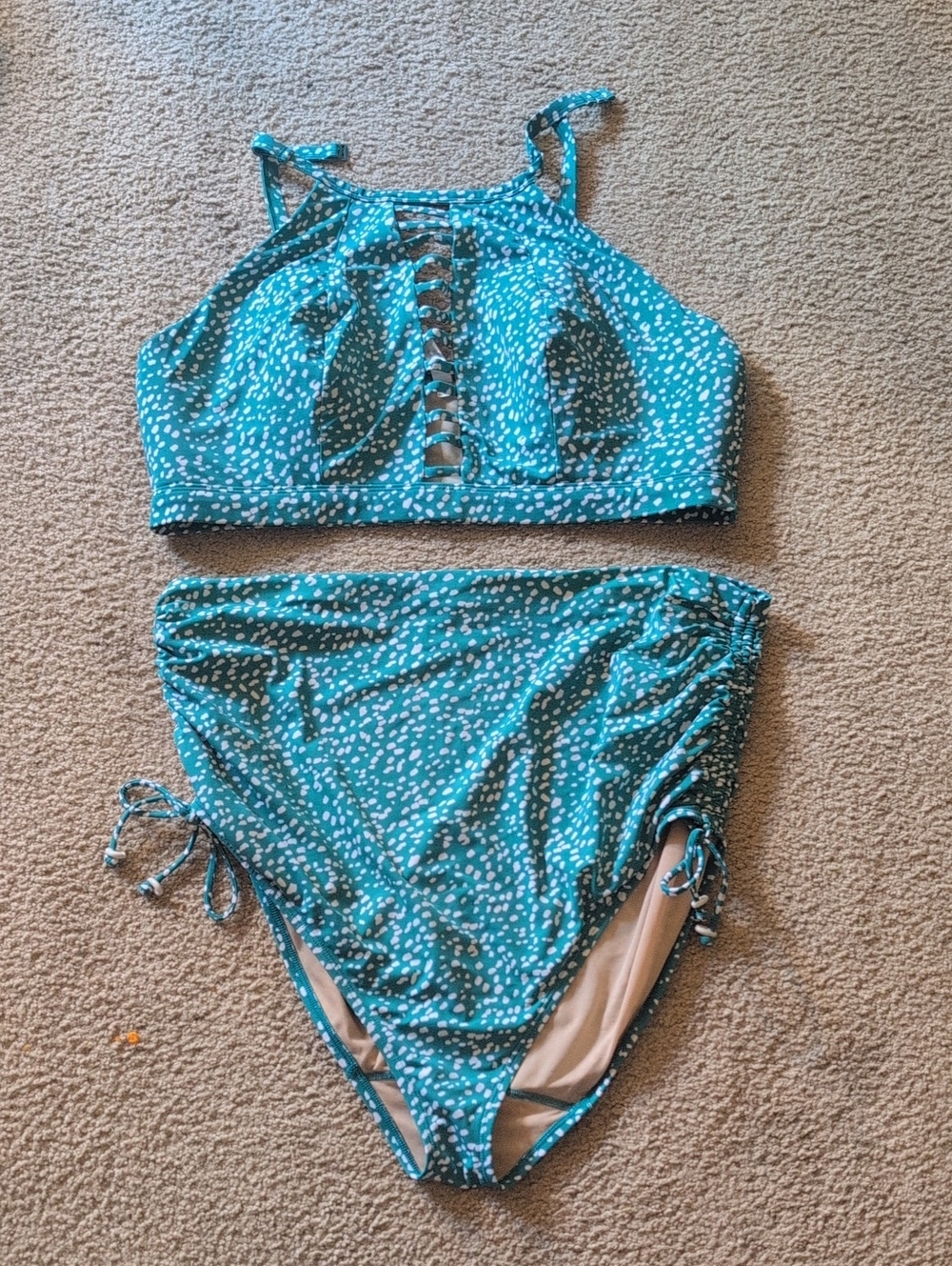 Cacique Teal Two-Piece High-Waist Swimsuit with White Dot Print